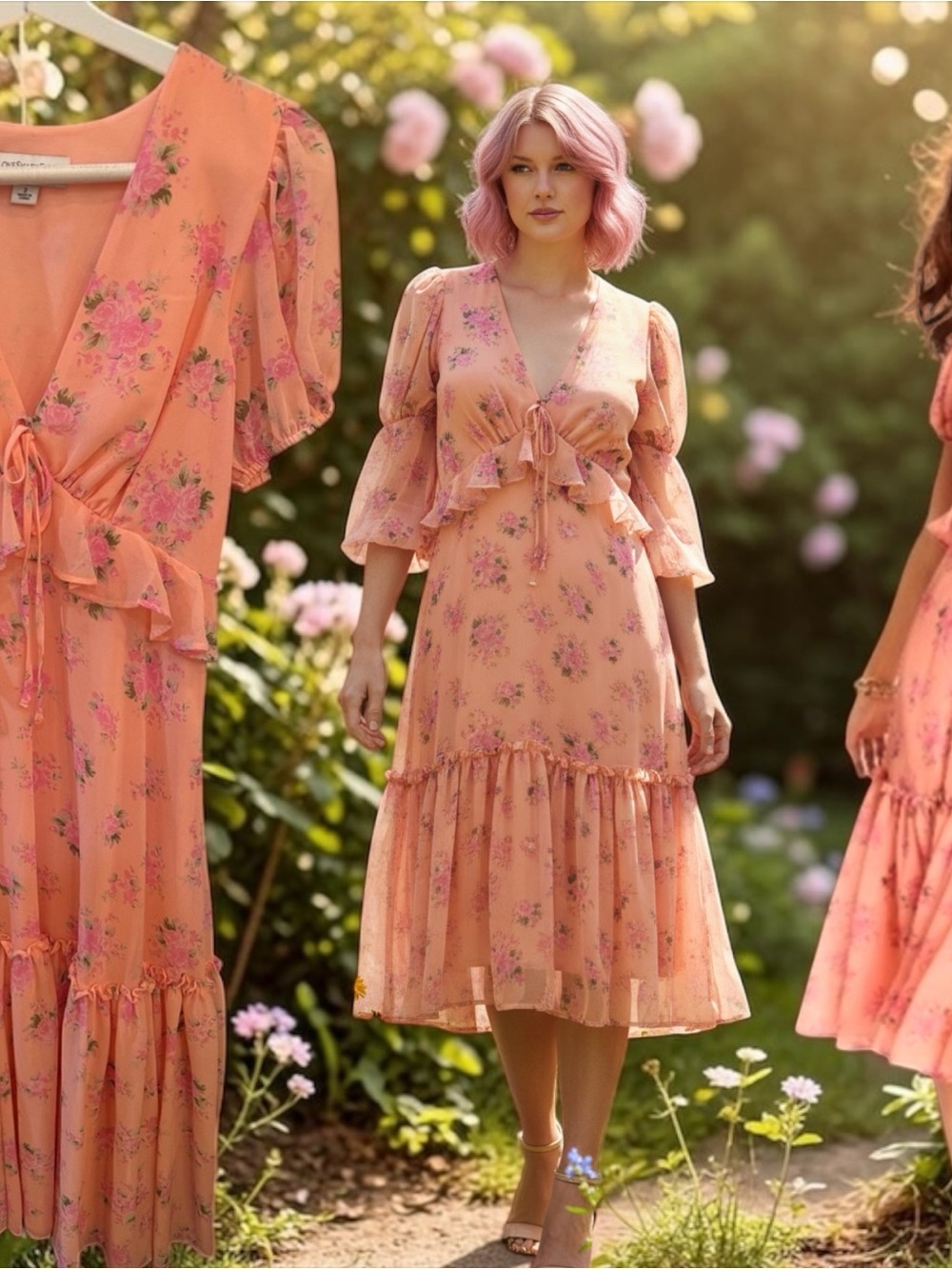 LoveShackFancy Peach Floral Tie-Front Midi Dress